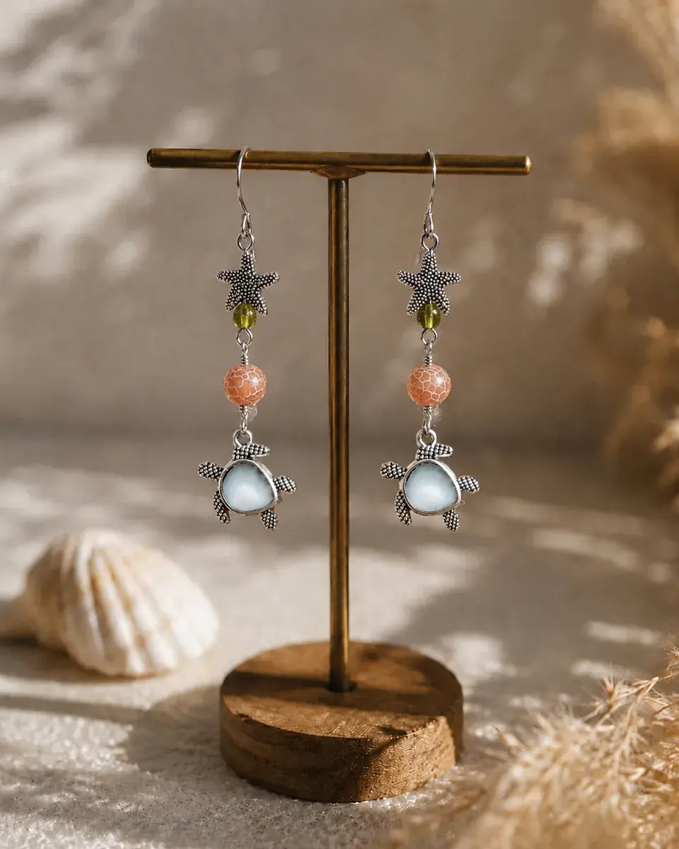 Earrings Starfish Orange Bead Turtle
