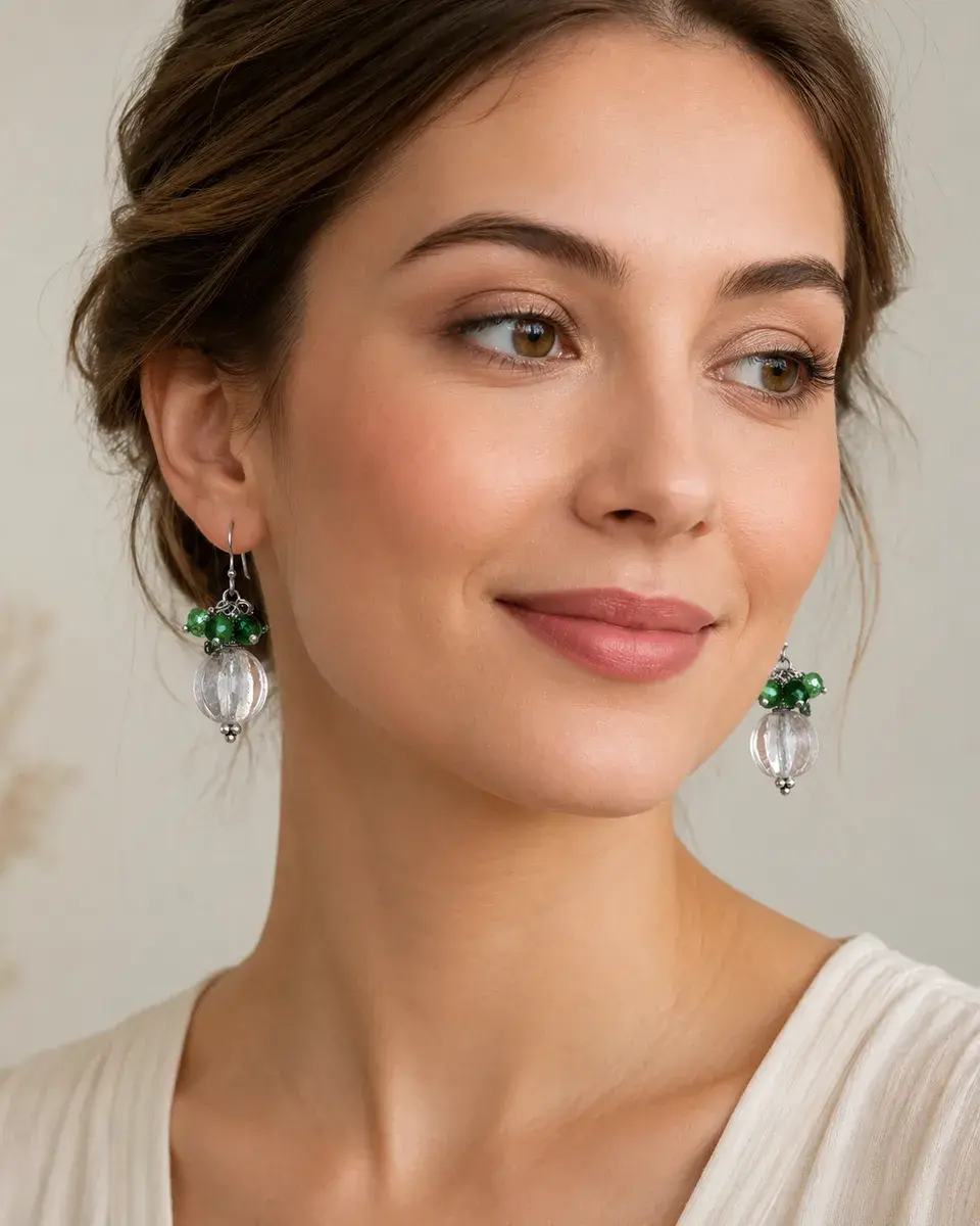 Earrings Glass Clear & Green Beads