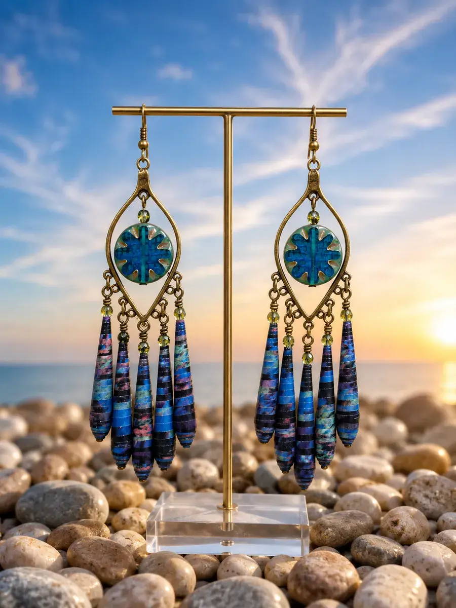 Chandelier Earrings Paper Beads On Pebbly Beach