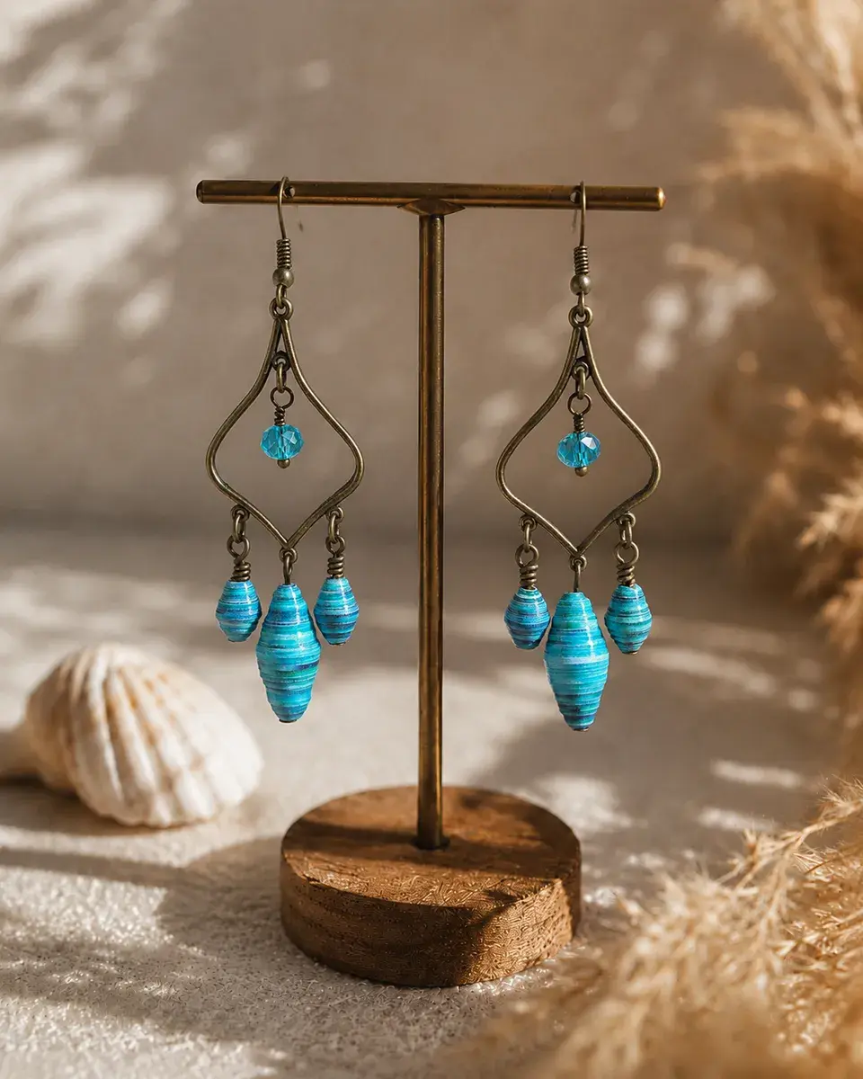 Chandelier Earrings On Stand Aqua Paper Beads