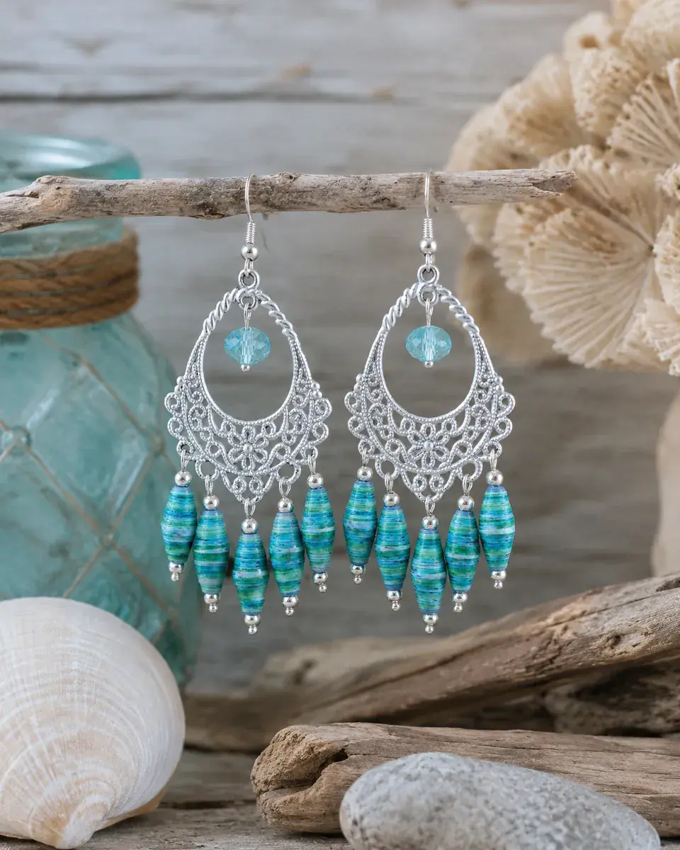 Chandelier Earrings White & Aqua Paper Beads