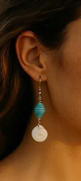Earrings Aqua Paper Beads With Shell