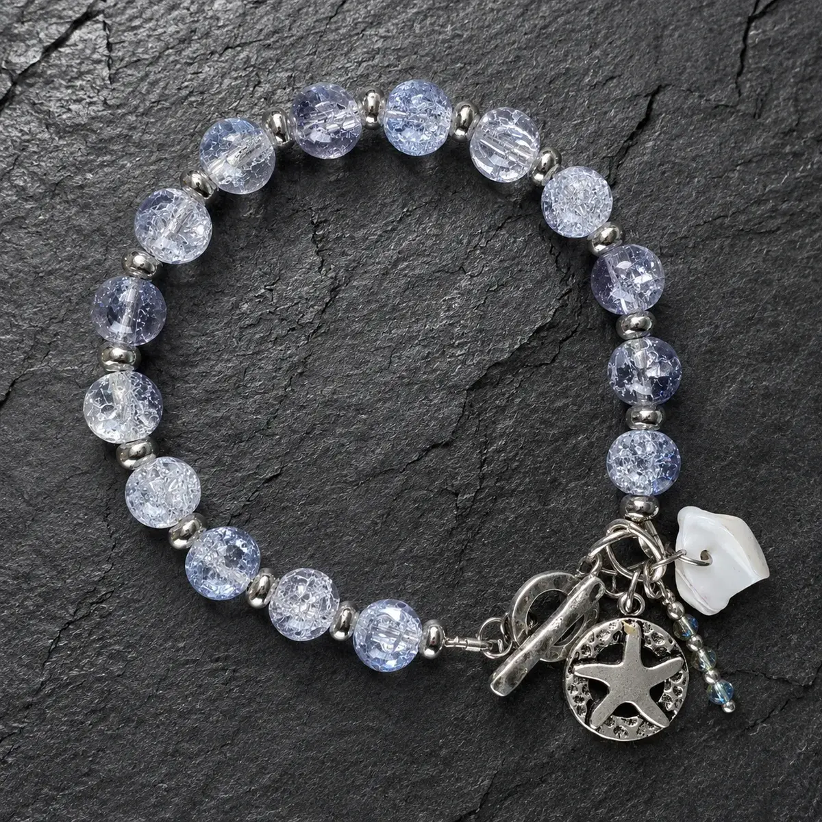 Bracelet Blueish Glass Beads With Charms